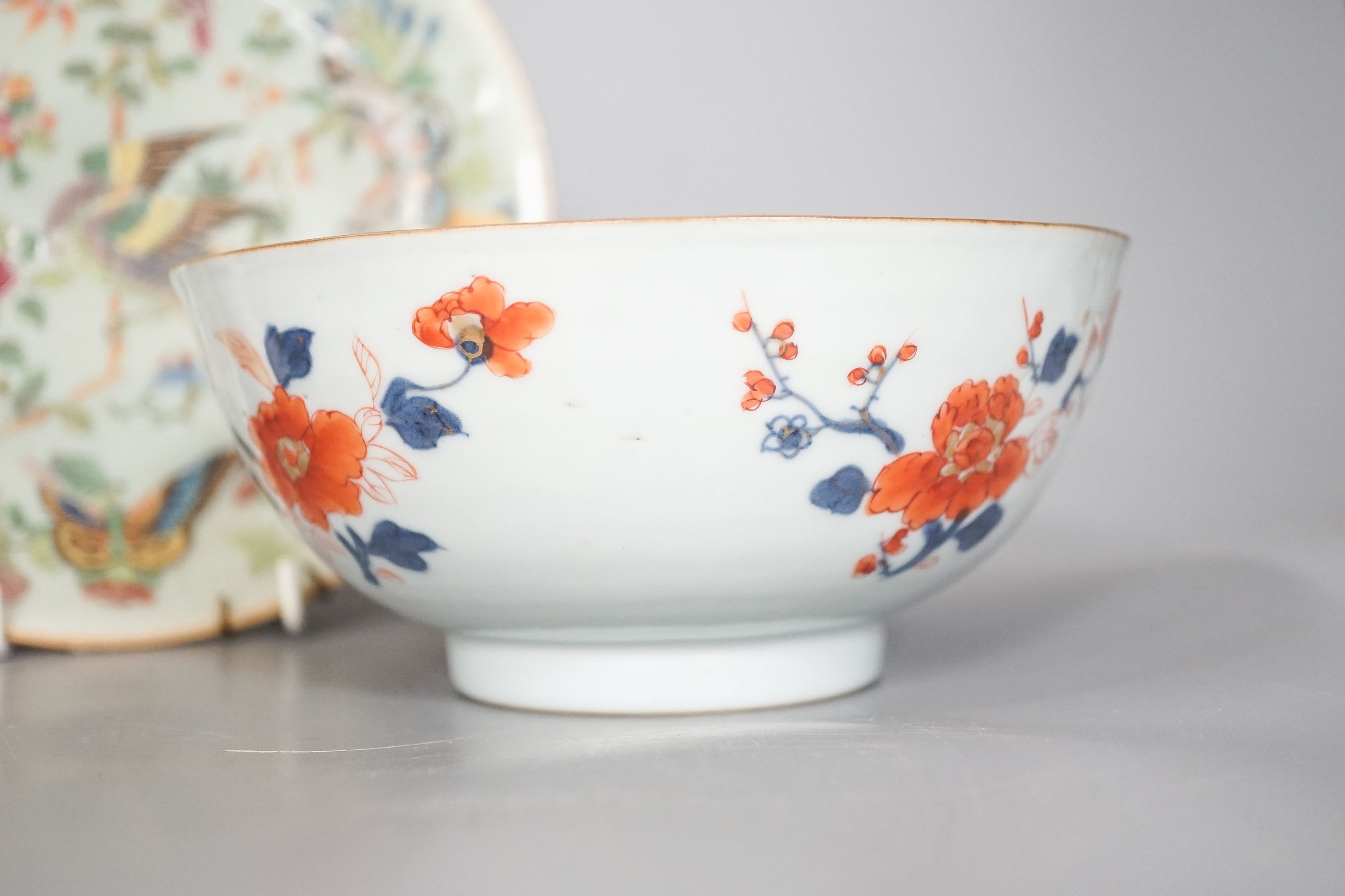 Two 18th century Chinese export porcelain bowls, a 19th century canton decorated dish, 19.5cm and a later ewer (4)